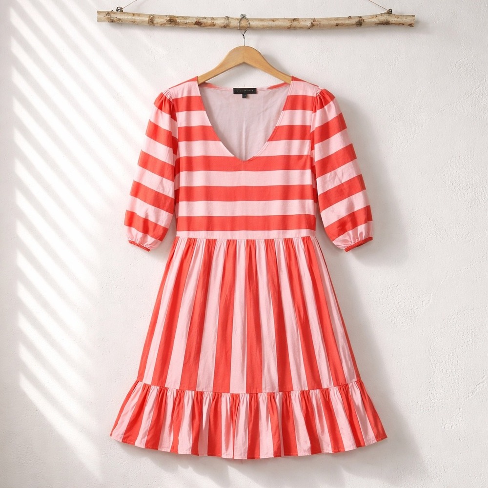 Gibsonlook Striped‎ V-Neck Mini Dress Pink Red Puff Sleeve Size S